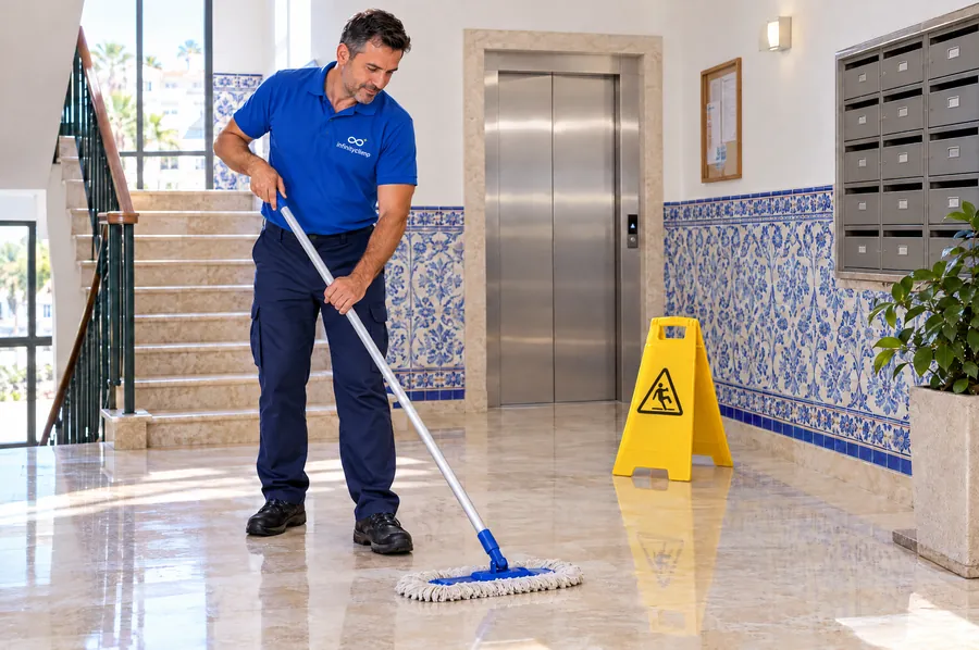 Profissional da InfinityLimp a lavar o chão da entrada de um prédio de apartamentos